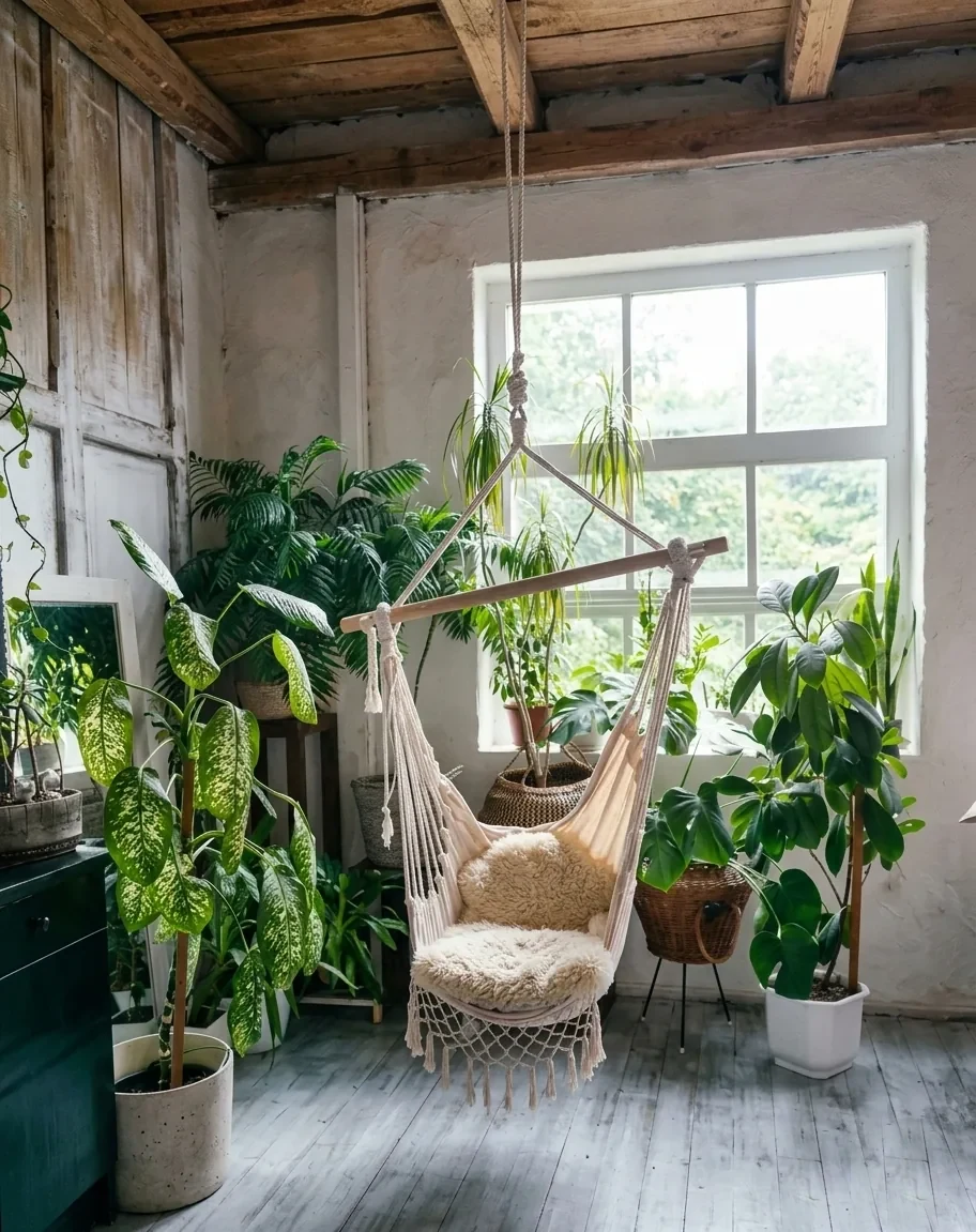 Interior lleno de plantas con hamaca de macramé, luz natural entrando por la ventana